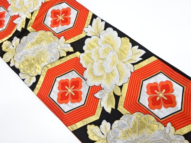 JAPANESE KIMONO / ANTIQUE FUKURO OBI / WOVEN PEONY